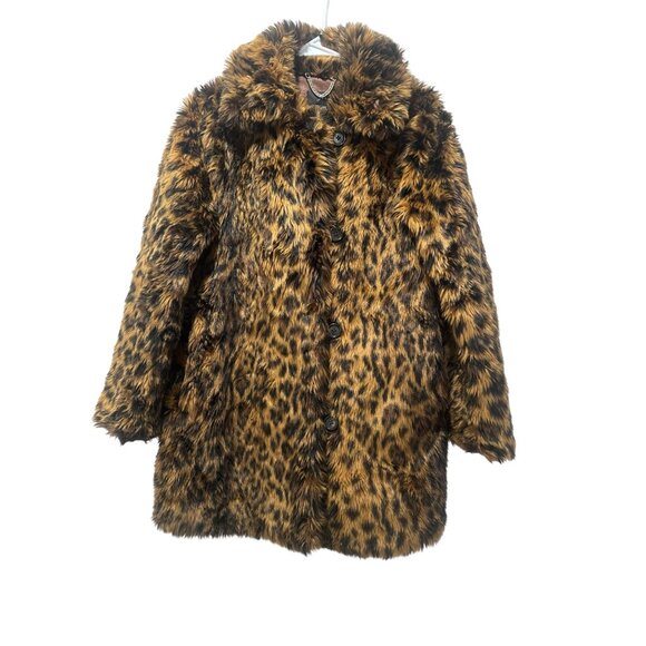 JCrew Faux Fur Leopard Coat Womens XS Brown Animal Print Mob Wife Y2K Evening - Picture 5 of 16